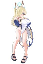  1girl animal_ear_fluff animal_ears blonde_hair blue_archive blue_eyes blue_halo blush breasts competition_swimsuit dog_ears hair_over_one_eye halo highleg highleg_one-piece_swimsuit highres holding holding_whistle impossible_clothes impossible_swimsuit jacket kanna_(blue_archive) kanna_(swimsuit)_(blue_archive) large_breasts long_hair notched_ear official_alternate_costume one-piece_swimsuit ponytail sakuramoti_dai sandals sharp_teeth solo sports_sandals swimsuit teeth whistle whistle_around_neck white_one-piece_swimsuit 