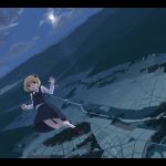 blonde_hair cloud clouds dutch_angle field flying from_above highres landscape letterboxed lights moon night ribbon ribbons rumia scenery short_hair solo takuzui touhou village 