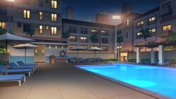  apartment balcony caustics chair city_lights floodlights highres lifebuoy light_reflection_(water) lounge_chair night non-web_source official_art our_life our_life:_beginnings_and_always outdoors palm_tree pool pool_ladder pool_noodle swim_ring tile_floor tiles tree umbrella variant_set window 