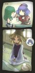  comic green_hair hat hungry kochiya_sanae long_hair miruguramu moriya_suwako purple_hair short_hair silent_comic thighhighs touhou yasaka_kanako 