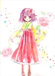 cross-laced_footwear floral_print flower hair_flower hair_ornament hieda_no_akyu hieda_no_akyuu japanese_clothes lace-up_boots long_skirt purple_eyes purple_hair short_hair smile standing torii_sumi touhou traditional_media watercolor_(medium) 
