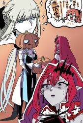  3girls 8lpx6xsh1y0dh3a baobhan_sith_(fate) baobhan_sith_(first_ascension)_(fate) black_dress blue_eyes braid dress fate/grand_order fate_(series) fujimaru_ritsuka_(female) green_eyes hair_between_eyes half_up_braid highres long_hair morgan_le_fay_(fate) morgan_le_fay_(second_ascension)_(fate) mother_and_daughter multiple_girls open_mouth orange_hair pink_hair pointy_ears ponytail pumpkin short_hair smile standing very_long_hair white_hair 