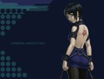  1024x768 black_hair blue_dress dress from_behind kagero kagero_deception looking_back millennia okappa pantyhose payot short_hair solo tattoo teiku_(take) wallpaper 