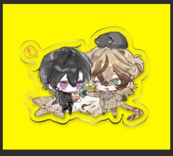  2boys animal animal_on_head black_border black_hair blonde_hair border brown_hair cat chibi chibi_only collared_shirt earrings green_eyes hair_between_eyes jacket jewelry leopard long_sleeves male_focus multicolored_hair multiple_boys musical_note on_head one_eye_closed open_clothes original panties pants qyzhiaiyisheng shirt short_hair smile speech_bubble spoken_musical_note streaked_hair striped_clothes striped_panties tail underwear violet_eyes virtual_youtuber yellow_background 