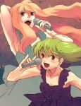  blonde_hair blue_eyes blush dress green_hair long_hair macross macross_frontier microphone multiple_girls ranka_lee red_eyes sheryl_nome short_hair singing smile 