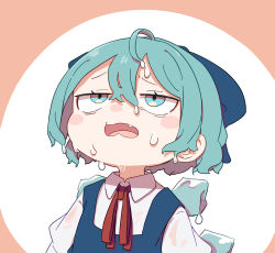  1girl absurdres ahoge blue_bow blue_dress blue_eyes blue_hair blush_stickers bow cirno collared_shirt commentary_request dress hair_bow highres ice ice_wings kame_(kamepan44231) neck_ribbon open_mouth pinafore_dress portrait red_ribbon ribbon shirt short_hair sleeveless sleeveless_dress solo sweat touhou white_background white_shirt wings 