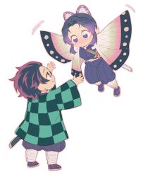  animal_print belt blue_butterfly blush bug butterfly butterfly_hair_ornament butterfly_print checkered_clothes checkered_haori checkered_sash chibi demon_slayer_uniform earrings full_body gradient_hair hair_ornament hanafuda_earrings haori highres japanese_clothes jewelry kamado_tanjirou kimetsu_no_yaiba kishimen_hair kochou_shinobu multicolored_hair original purple_butterfly scar scar_on_face scar_on_forehead simple_background smile sword_writing updo user_fhwv8447 white_background white_belt |_| 