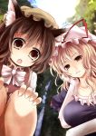  2girls animal_ears blonde_hair brown_eyes brown_hair cat_ears chen dutch_angle fang foreshortening from_ground hat hat_ribbon inubari_chen kurona multiple_girls perspective ribbon touhou violet_eyes yakumo_yukari 