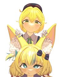  2girls absurdres ahoge animal_ear_fluff animal_ears blonde_hair bow dooby_(vtuber) gloves hair_bow hair_ornament highres indie_virtual_youtuber kgi_illus light_blush multicolored_hair multiple_girls sameko_saba smile streaked_hair thick_eyebrows virtual_youtuber white_gloves 