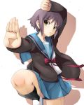  fighting_stance foreshortening hands knucklecurve nagato_yuki purple_hair school_uniform short_hair stance suzumiya_haruhi_no_yuuutsu 