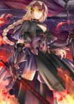  1girl armor blonde_hair braid breasts capelet cleavage dark_persona dress fate/apocrypha fate_(series) flag gauntlets headpiece jeanne_alter kurose_nao long_hair ruler_(fate/apocrypha) single_braid solo sword thigh-highs weapon yellow_eyes 