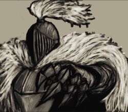  1boy armor black_souls black_souls_2 cape coat fur_coat grey_background grimm_(black_souls) looking_at_viewer male_focus outstretched_hand sadleyn simple_background solo white_cape 