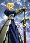  ahoge armor blonde_hair fate/stay_night fate_(series) green_eyes hands_on_hilt highres saber scan sword weapon 