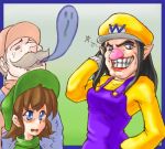  blue_eyes brown_eyes brown_hair costume facial_hair genderswap god_no hat lowres luigi mario mustache nintendo pointy_ears scary smile super_mario_bros. wario 