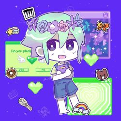  1boy alternate_eye_color barefoot basil_(headspace)_(omori) basil_(omori) black_eyes blue_overalls blush book bright_pupils chibi chibi_only colored_skin flower full_body genk1zam4s green_hair head_wreath highres holding holding_book looking_at_viewer male_focus omori open_mouth overall_shorts overalls pixel_art_inset scrapbook short_hair smile white_pupils white_skin 