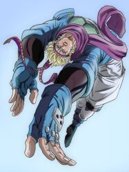  1boy anime_coloring araki_hirohiko_(style) battle_tendency blonde_hair blue_boots blue_gloves blue_jacket boots caesar_anthonio_zeppeli commentary_request facial_mark feather_hair_ornament feathers fingerless_gloves gloves green_eyes hair_ornament headband ishimoto_shun'ichi jacket jojo_no_kimyou_na_bouken knee_pads layered_sleeves male_focus official_style pants purple_headband purple_scarf scarf shirt solo two-tone_headband white_pants white_shirt yellow_headband 