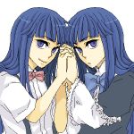  blue_eyes blue_hair dual_persona frederica_bernkastel frills furude_rika hand_holding higurashi_no_naku_koro_ni holding_hands inao_(roc-ca) lowres oekaki ribbon serious smile umineko_no_naku_koro_ni 