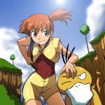  1girl cloud duck kakkii kasumi_(pokemon) kasumi_(pokemon)_(ag) orange_hair outdoors pokemon pokemon_(anime) pokemon_(creature) psyduck redhead side_ponytail tree white_beak 