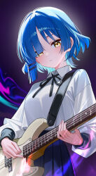  1girl absurdres asymmetrical_bangs asymmetrical_sidelocks bass_guitar black_ribbon blue_hair blue_skirt blush bocchi_the_rock! closed_mouth collared_shirt fingernails hair_ornament hair_ribbon highres holding holding_bass_guitar holding_instrument instrument long_sleeves looking_at_viewer mole mole_under_eye music playing_bass_guitar playing_instrument puffy_long_sleeves puffy_sleeves ribbon shirt short_hair skirt solo upper_body white_shirt yamada_ryo yellow_eyes yueyueyue_yao 