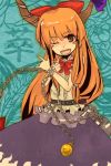  \m/ brown_eyes chain chains chiri chiri_(o9o9) horns ibuki_suika orange_hair parody pose ribbon ribbons touhou tsuki_ni_kawatte_oshioki_yo wink 