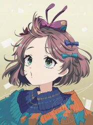  1girl :o bangs_blown_up blue_bow blue_eyes blue_scarf bow flutterpage hair_bow highres looking_up multiple_hair_bows ohuman orange_scarf portrait purple_bow reverse:1999 scarf short_hair solo two-tone_scarf watermark yellow_background 