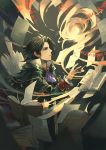  anocurry blue_eyes book brown_hair cyrus_(octopath_traveler) fire gloves jewelry long_hair magic male_focus necklace octopath_traveler ponytail short_hair simple_background solo 