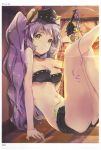  1girl 2019 absurdres animal_ears arm_support artist_name bangs bare_shoulders breasts closed_mouth confetti detached_collar gun hair_ornament hairclip handgun hat highres holding indoors looking_at_viewer medium_breasts midriff navel page_number purple_hair revolver scan shiny shiny_hair shiny_skin shorts solo stomach taira_tsukune tied_hair tiger_ears toranoana twintails weapon yellow_eyes 