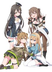  4girls absurdres beret black_hair blonde_hair blue_eyes boots brown_hair camouflage_jacket cheek_pinching closed_eyes creator_connection double_bun fingerless_gloves girls_frontline gloves green_eyes hand_gesture hat hayarob headband heterochromia highres k-2_(girls_frontline) m1014_(girls_frontline) multiple_girls panties pantyhose pinching red_eyes rfb_(girls_frontline) shoes shotgun_shells skirt suomi_kp31_(girls_frontline) thigh-highs underwear 