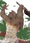  1boy abs armpits arms_up blue_eyes furry leaf loincloth looking_to_the_side male_focus mercenary_(zero_kara_hajimeru_mahou_no_sho) muscle nipples seth sheath solo sword tail tiger tiger_tail weapon white_background white_hair zero_kara_hajimeru_mahou_no_sho 