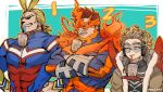  abs all_might beard blonde_hair boku_no_hero_academia brown_eyes bursting_pecs chest coat crossed_arms cup drink drinking_straw facial_hair feathered_wings feathers fire fur_collar goggles goggles_on_eyes hand_on_hip hawks_(boku_no_hero_academia) headphones kadeart long_sleeves looking_away male_focus multicolored_hair multiple_boys muscle mustache pectorals red_wings redhead simple_background skin_tight smile spiky_hair teeth todoroki_enji two-tone_hair wings winter_clothes winter_coat 
