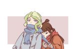  &gt;_&lt; alternate_costume annoyed blue_eyes blue_scarf brown_hair buttons closed_eyes couple diana_cavendish ears gloves jacket kagari_atsuko little_witch_academia long_hair long_sleeves looking_at_another multicolored_hair open_mouth red_scarf scarf shouting simple_background teeth tonton_(mathcaca24) two-tone_background two-tone_hair yuri 