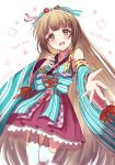  1girl :d bangs blue_bow blue_kimono blush bow bridal_gauntlets brown_eyes brown_hair character_name detached_sleeves eyebrows_visible_through_hair hair_bow head_tilt idolmaster idolmaster_cinderella_girls ittokyu japanese_clothes kimono long_hair long_sleeves looking_at_viewer open_mouth pleated_skirt purple_skirt ribbon-trimmed_sleeves ribbon_trim simple_background skirt sleeveless sleeveless_kimono smile solo striped striped_bow thigh-highs vertical-striped_kimono vertical_stripes very_long_hair white_background white_legwear wide_sleeves yorita_yoshino 