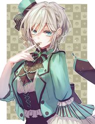  1girl alternate_costume anastasia_(idolmaster) border bustier chocolate cowboy_shot finger_to_mouth green_eyes grey_hair hair_between_eyes hat highres idolmaster idolmaster_cinderella_girls idolmaster_cinderella_girls_starlight_stage looking_at_viewer mini_hat mini_top_hat outside_border parted_lips rum_raisin_(chihiromakita19) short_hair solo top_hat white_border wide_sleeves 