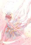  1girl ahoge brown_hair card cardcaptor_sakura closed_eyes commentary crown crystal dress from_side gloves holding holding_card holding_staff kinomoto_sakura koichame magical_girl petals short_hair signature solo staff white_dress white_gloves yume_no_tsue 