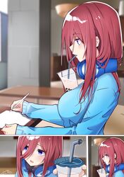  absurdres bangs blue_cardigan blue_eyes breasts brown_hair bubble_tea bubble_tea_challenge cardigan collared_shirt drink drinking_straw go-toubun_no_hanayome hair_between_eyes headphones headphones_around_neck highres indoors large_breasts long_sleeves medium_hair nakano_miku notebook okihiro pencil shirt sitting white_shirt writing 