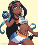  1girl artist_name black_hair blue_eyes blue_gloves blue_hair breasts colo_(nagrolaz) cowboy_shot dark_skin earrings gloves highres hoop_earrings jewelry long_hair looking_at_viewer midriff multicolored_hair navel necklace open_mouth pokemon pokemon_(game) pokemon_swsh rurina_(pokemon) short_shorts shorts simple_background small_breasts solo streaked_hair very_long_hair yellow_background 