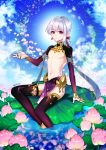  1boy asymmetrical_bangs bangs bare_chest bare_shoulders chest child earrings fate/grand_order fate_(series) flower genderswap genderswap_(ftm) jewelry kama_(fate/grand_order) lily_pad long_hair looking_at_viewer lotus low-tied_long_hair male_focus no_nipples outstretched_arm pelvic_curtain pin1004 red_eyes shrug_(clothing) sitting solo thigh-highs twitter_username water 