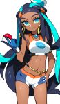  1girl aqua_eyes aqua_hair bike_shorts blue_gloves blue_hair commentary_request dark_skin earrings gloves hair_bun hand_on_hip highres holding holding_poke_ball hoop_earrings itsumo_nokoru jewelry long_hair looking_at_viewer midriff multicolored_hair navel poke_ball poke_ball_(generic) pokemon pokemon_(game) pokemon_swsh rurina_(pokemon) simple_background smile solo sports_bra sportswear standing two-tone_hair very_long_hair white_background 