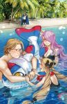  2boys 2girls beach bikini blonde_hair buoy camilla_(fire_emblem_if) closed_eyes elise_(fire_emblem_if) family female_swimwear fire_emblem fire_emblem_heroes fire_emblem_if flower flower_necklace hair_flower hair_ornament hair_over_one_eye intelligent_systems jewelry leon_(fire_emblem_if) lilith_(fire_emblem_if) male_swimwear marks_(fire_emblem_if) naked_towel navel necklace nintendo ocean one-piece_swimsuit partially_submerged plaemon purple_hair smile swim_trunks swimming swimsuit towel volleyball water wet 