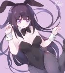  1girl animal_ears black_hair black_legwear black_leotard black_neckwear bow bowtie breasts bunny_girl bunny_tail bunnysuit commentary_request cowboy_shot dated detached_collar large_breasts leotard long_hair looking_at_viewer original pantyhose purple_background rabbit_ears simple_background solo strapless strapless_leotard tail tomashuu twitter_username violet_eyes wrist_cuffs 