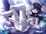  1boy artist_name black_footwear black_hair black_headwear blue_flower cape checkered checkered_scarf commentary_request dangan_ronpa dated eyebrows_visible_through_hair flower happy_birthday hat jacket long_sleeves looking_at_viewer male_focus new_dangan_ronpa_v3 ouma_kokichi pants purple_hair scarf short_hair smile solo straitjacket torn_clothes twitter_username umbrella violet_eyes z-epto_(chat-noir86) 