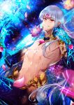  1boy abs armor bangs bare_shoulders bikini_armor chest earrings eyebrows_visible_through_hair fate/grand_order fate_(series) flower genderswap genderswap_(ftm) grin jewelry kama_(fate/grand_order) lily_pad looking_at_viewer lotus male_focus navel no_nipples pin1004 red_eyes revealing_clothes silver_hair smile solo toned toned_male twitter_username 