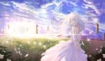  1girl :d absurdres arms_behind_back closed_eyes clouds cloudy_sky day dress floating_hair highres keis_(locrian1357) long_dress long_hair open_mouth original outdoors ribbon silver_hair sky sleeveless sleeveless_dress smile solo sundress sunset very_long_hair white_dress white_ribbon 