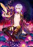  1boy abs bangs bishounen chest earrings fate/grand_order fate_(series) genderswap genderswap_(ftm) jewelry kama_(fate/grand_order) long_hair looking_at_viewer male_focus no_nipples outstretched_arm pelvic_curtain pin1004 red_eyes silver_hair single_earring solo thigh-highs toned toned_male twitter_username 
