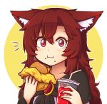  1girl :t animal_ear_fluff animal_ears bangs blush brooch brown_hair circle collarbone commentary_request cup disposable_cup dress drinking_straw english_commentary eyebrows_visible_through_hair eyelashes food food_on_face hair_between_eyes hamburger holding holding_cup holding_food imaizumi_kagerou jewelry long_hair long_sleeves looking_at_viewer mcdonald&#039;s nail_polish outline red_eyes red_nails simple_background smile solo touhou white_background white_dress white_outline wolf_ears wool_(miwol) 