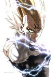  1boy aiming aiming_at_viewer aqua_eyes backlighting black_shirt blonde_hair commentary_request dragon_ball dragon_ball_z electricity frown gloves highres looking_at_viewer majin_vegeta male_focus morinokinoko_db muscle outstretched_arm serious shirt simple_background spiky_hair standing super_saiyan torn_clothes torn_shirt twitter_username upper_body vegeta veins white_background white_gloves 