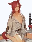  1boy :d animal_ears arm_at_side bangs barefoot bed belt between_legs blush cat_ears coat collarbone facial_mark feet_out_of_frame ffxivys final_fantasy final_fantasy_xiv g&#039;raha_tia hair_between_eyes hair_ornament hairclip half-closed_eyes hand_between_legs long_hair long_sleeves looking_at_viewer male_focus miqo&#039;te neck_tattoo no_pants nose_blush on_bed oversized_clothes pectorals puffy_short_sleeves puffy_sleeves red_eyes redhead short_sleeves sitting smile solo string tattoo wariza white_background white_coat x_hair_ornament 