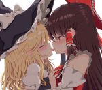  2girls ascot bangs bare_shoulders black_headwear blonde_hair blush bow braid breast_grab breasts brown_hair closed_eyes commentary detached_sleeves eyebrows_visible_through_hair facing_another french_kiss frilled_bow frills from_side grabbing hair_bow hair_tubes hakurei_reimu hat hat_bow kirisame_marisa kiss long_hair long_sleeves looking_at_another medium_breasts multiple_girls profile puffy_short_sleeves puffy_sleeves rankasei red_bow red_eyes shirt short_sleeves sidelocks simple_background single_braid touhou white_background white_bow white_shirt witch_hat yellow_neckwear yuri 