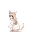1girl 40hara animal_ears aqua_eyes back bangs bare_shoulders barefoot blonde_hair cat_ears cat_girl cat_tail collar commentary_request eyebrows_visible_through_hair highres kinako_(40hara) long_hair looking_at_viewer off_shoulder original solo squatting tail white_t-shirt