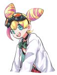  1girl bikini_top blonde_hair blue_eyes double_bun goggles kanago labcoat lucia_fex multicolored_hair open_mouth promare smile solo two-tone_hair 